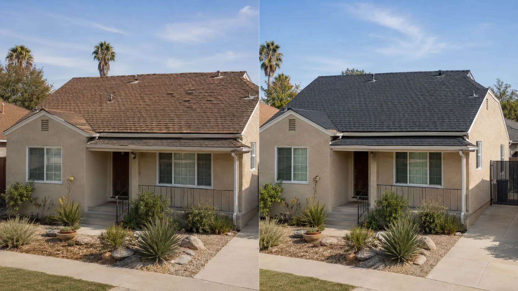 Matching before and after comparison of a residential shingle roof replacement