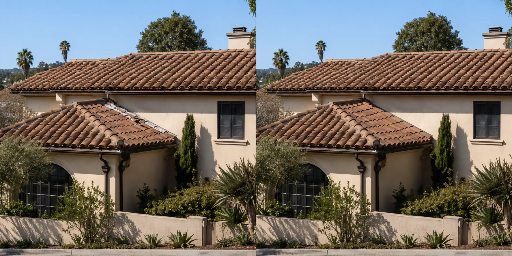 Matching before and after comparison of a terracotta tile and flashing repair