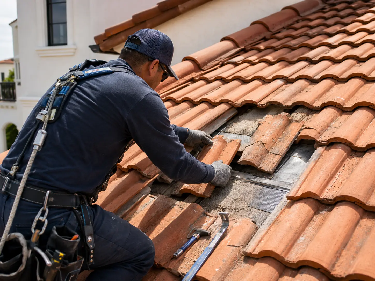 Detailed repair work on a terracotta tile roof